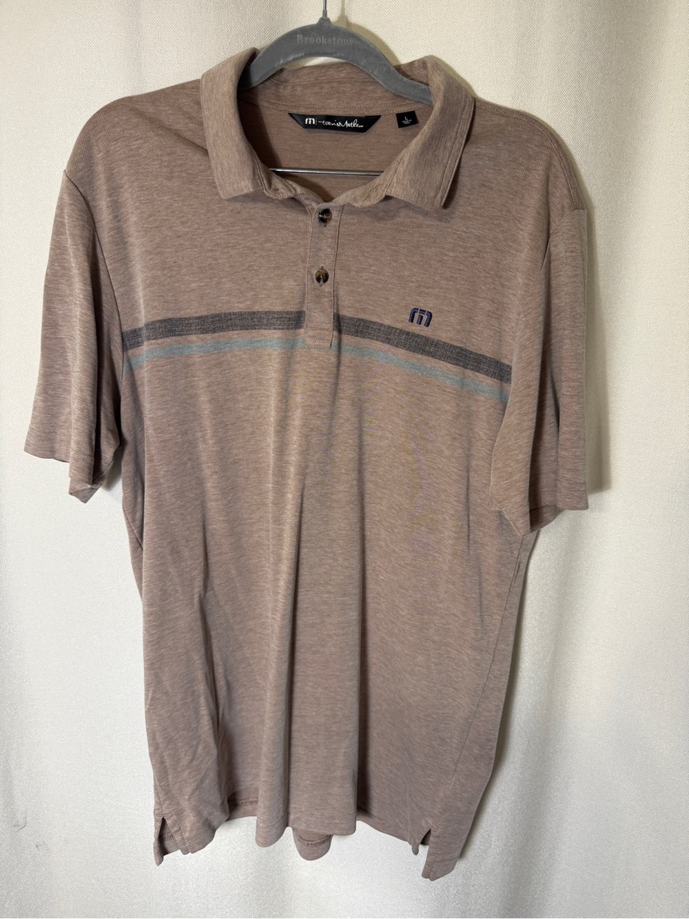 TravisMathew Polo Shirt Mens Large Pima Cotton Blend Tan Chest Stripe Golf